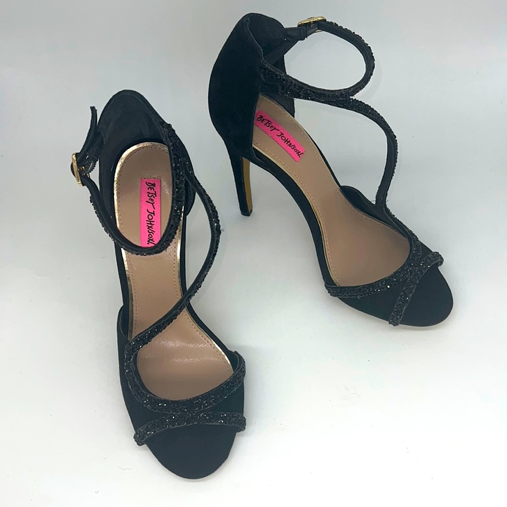 Betsey Johnson Glammer Black Stiletto Suede Leather & Beaded Peep Toe Sandals 9